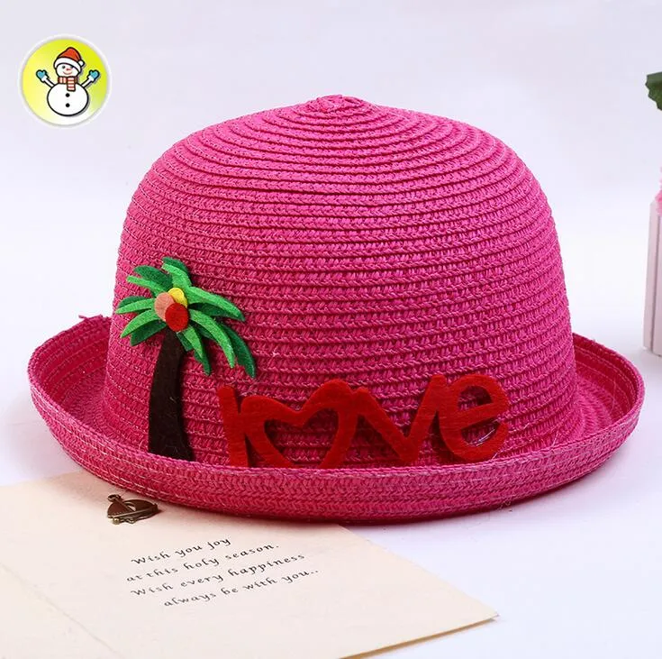 Creative children straw hat with cartoon coconut tree LOVE letter baby hats kids breathable beach hat wholesale free ship