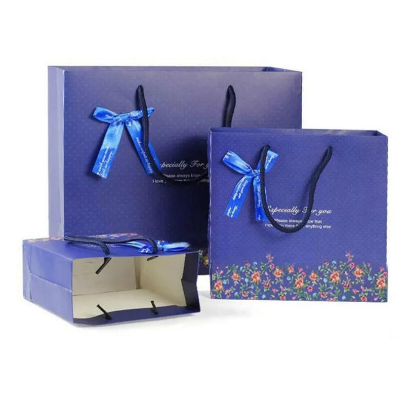 Bolsa de regalo de ramo azul de 3 tamaños, bolsa de papel/tamaño mediano/bolsa de regalo de boda beige con asa, bolsas de regalo para festivales LZ1181