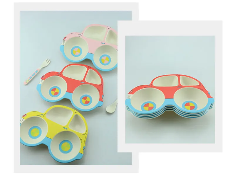 Set di stoviglie bambini in fibra di bambù Contenitore alimenti Piatti a forma di auto bambini Alimentazione bambini Stoviglie Piatto Piatti Ciotola con cucchiaio