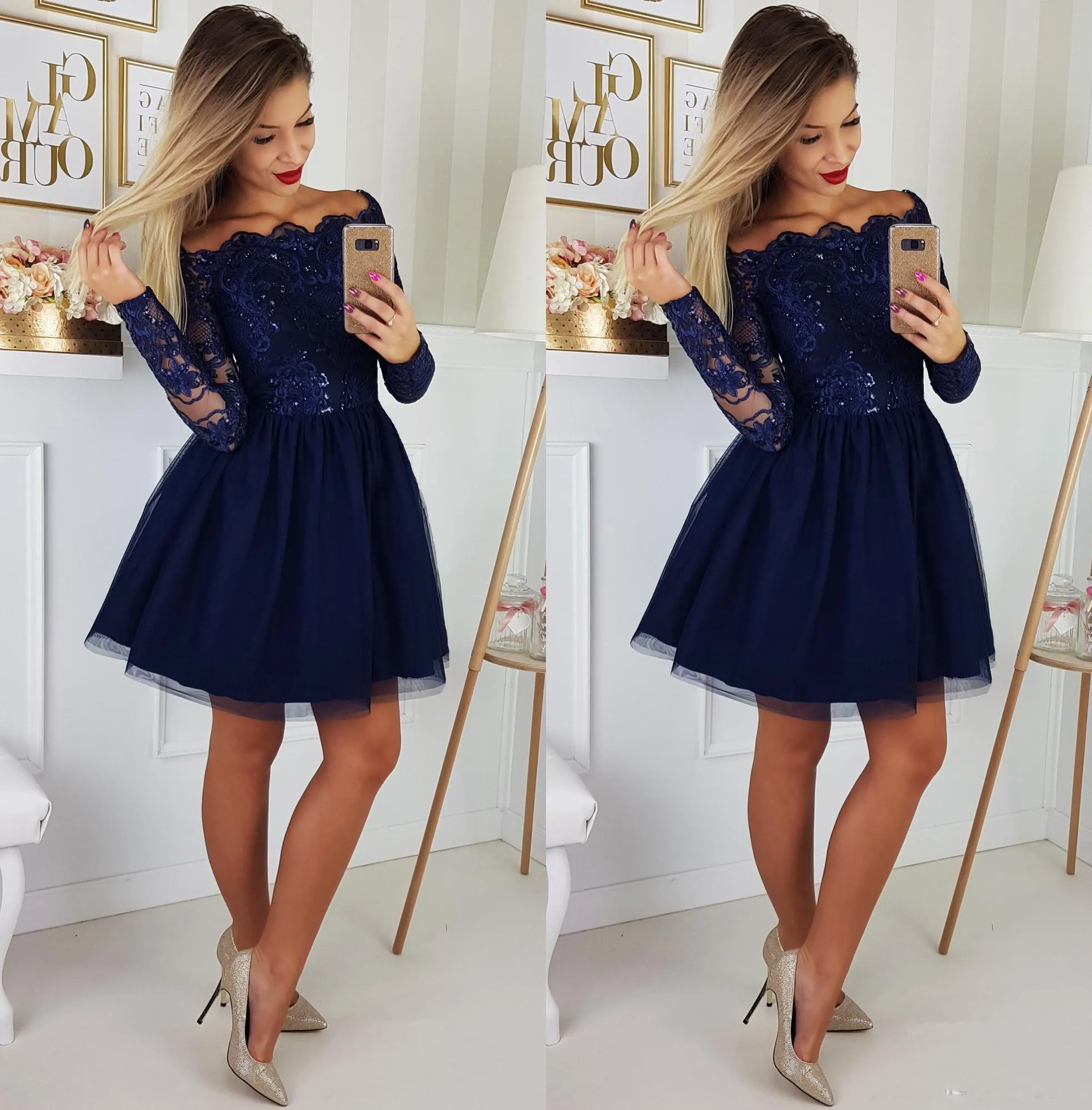 2020 New Navy Blue Short Mini Homecoming Dresses A Line Off Shoulder Lace Appliques Long Sleeves Tulle Plus Size Party Dress Cocktail Gowns