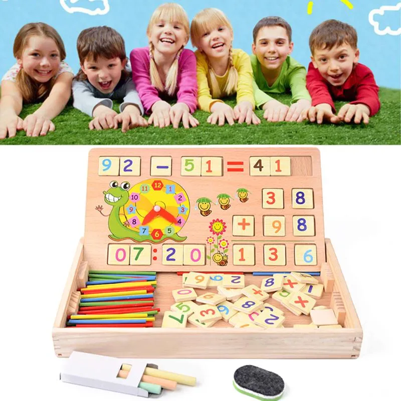 Brinquedos de matem￡tica de madeira Baby Educational Clock Cognition Toy com Blackboard Chalks Children Wooden Educative Toys