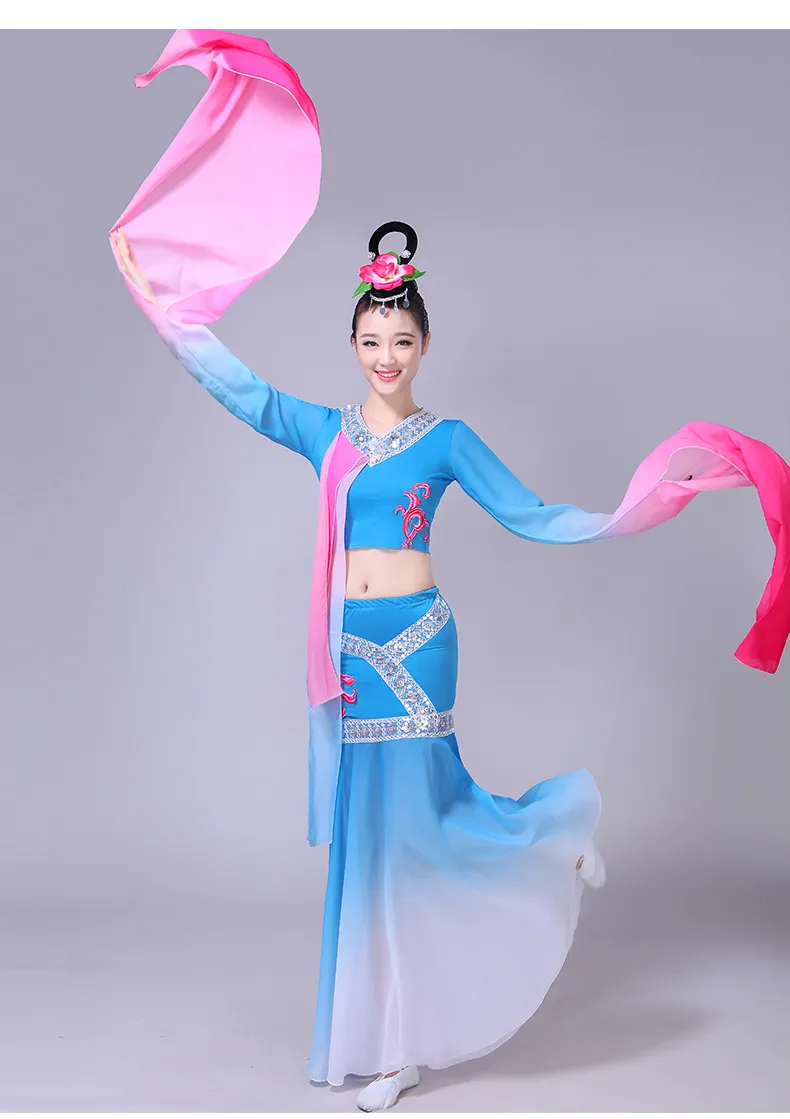 Chinês antigo trajes de dança de manga longa fada dançarina desgaste feminino estilo clássico indiano mulheres dança vestido de palco desempenho roupas