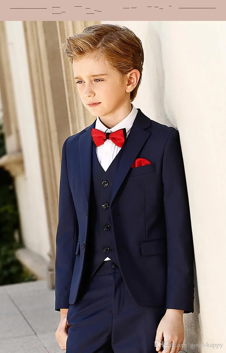 Haute qualité bleu marine garçon occasion formelle porter enfant tenue de mariage vêtements blazer fête d'anniversaire costume de bal (veste + pantalon + cravate + gilet) NO 3