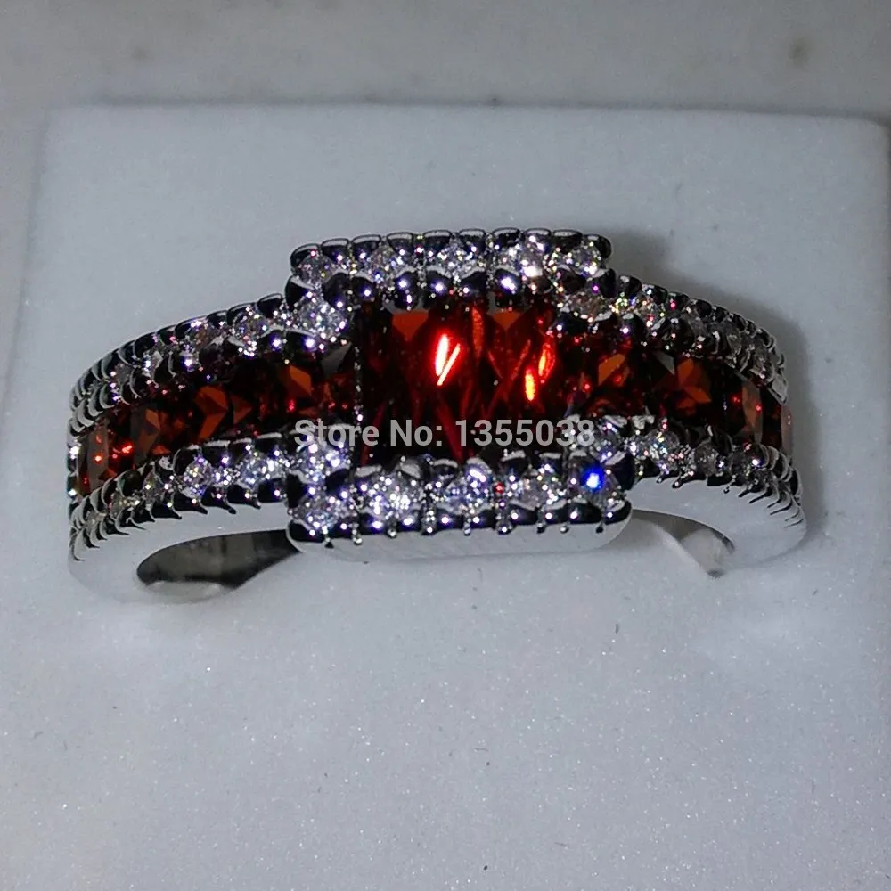 Fashion Jewelry Men Princess Garnet 5A Zircon stone 10KT White Gold Filled Engagement Wed Engagement Wedding Ring Sz 5-11 Gift Free shipping