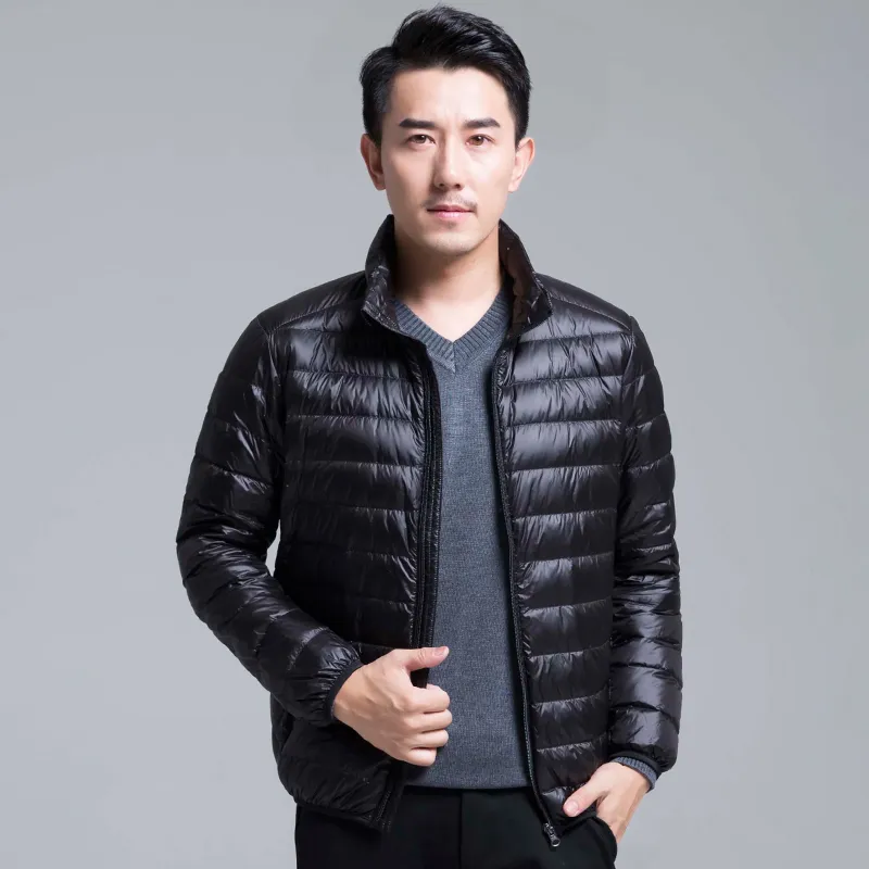 Short white duck down jacket men winter, Slim breathable ultra thin down jacket, mens Solid black ultra light jacket