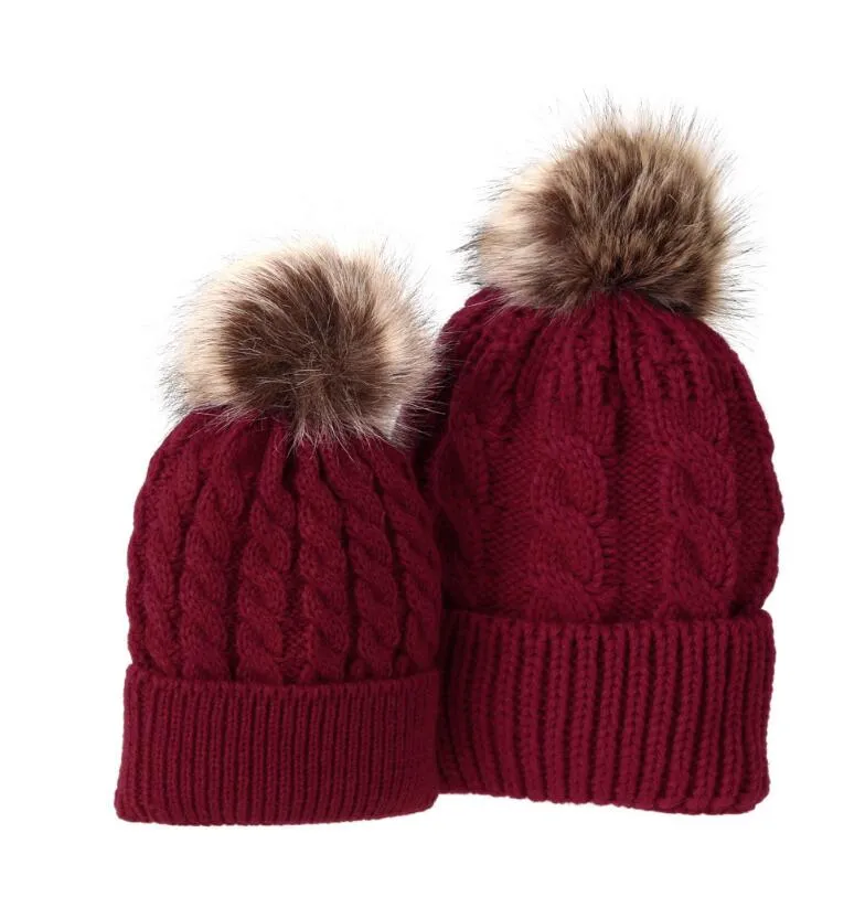 Mom and Baby Matching Knitted Hats Warm Fleece Crochet Beanie Hats Winter Mink PomPom Kids Children Mommy Headwear Hat Caps5701190