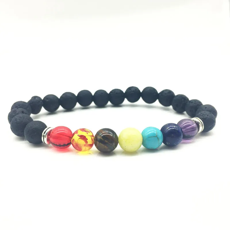 Pedra vulcânica lava preto 7 pulseira de chakra, pulseira de pedra natural de pedra, cura Reiki oração equilíbrio Buda beads pulseira