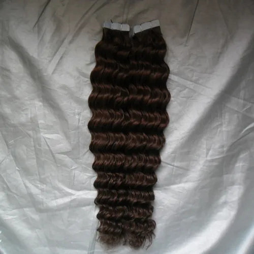 Tejp i Hait Extensions 4 Dark Brown Brasilian Pu Skin Weft Tape Hair Deep Wave 100 Human Hair Extensions 100g 7140243