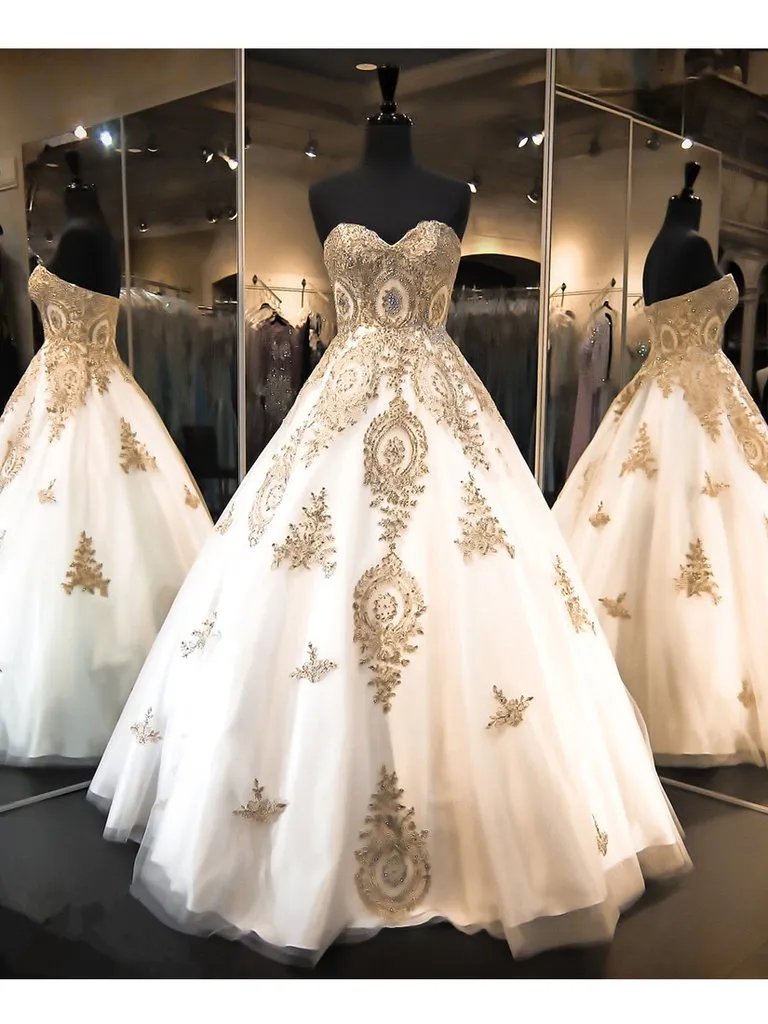 Gold-Spitze-Applikation-Ballkleid-Hochzeitskleider, trägerlose Schnürung, Kristall-Perlen-Hochzeitskleider, Brautkleid nach Maß, Übergröße