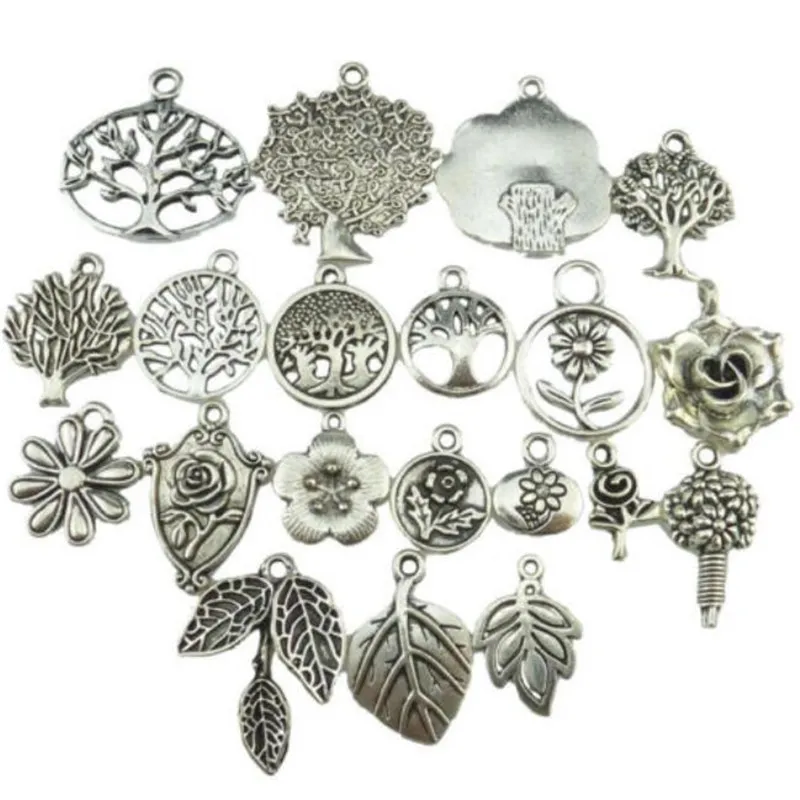 Mix Vintage Silver Tone Tree Plant Tree of Life Pendant Dangle Charm Smycken Partihandel