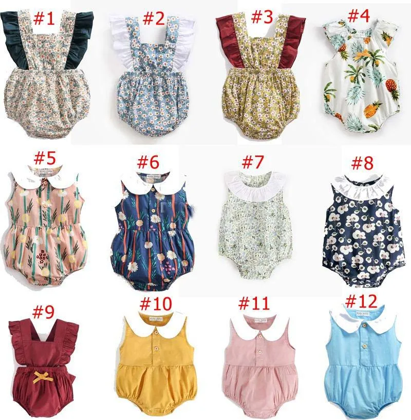 INS Verão bebê crianças voando sem mangas 100% macacão de algodão Infantil Floral impressão Romper Gola Redonda Elegante Verão romper Novo verão 0-3 anos