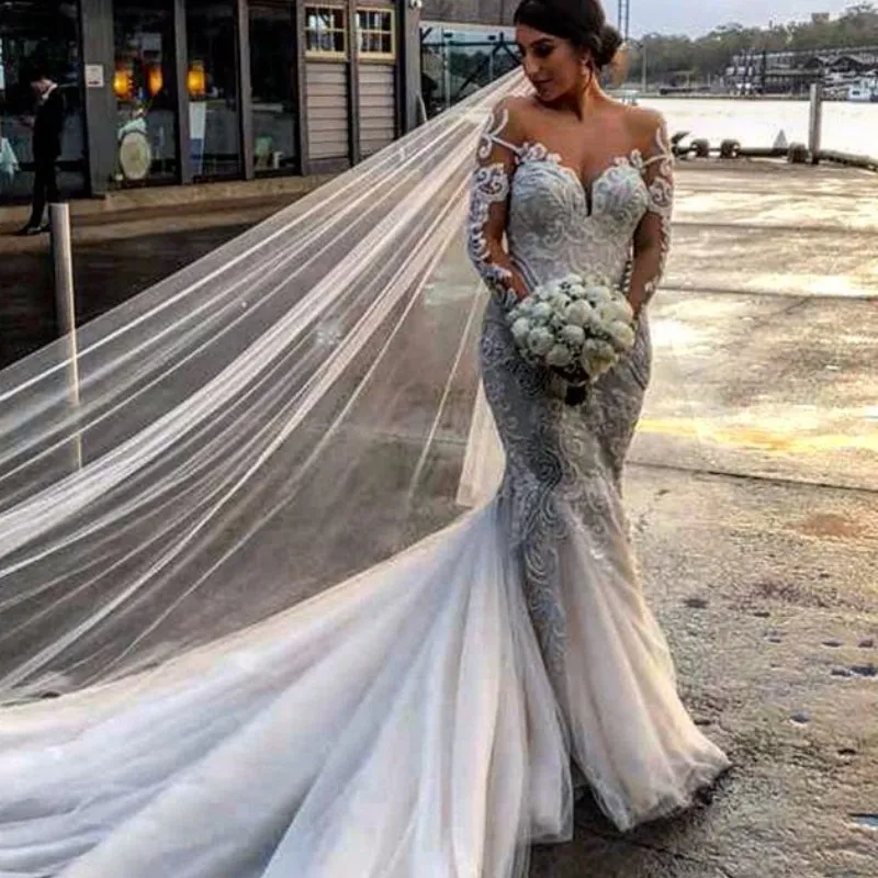 Dubia Chic Stylish Mermaid Wedding Dresses Sheer Jewel Neck Long Sleeves Tulle Bridal Dress Glamorous Lace Appliques Beach Wedding Gowns