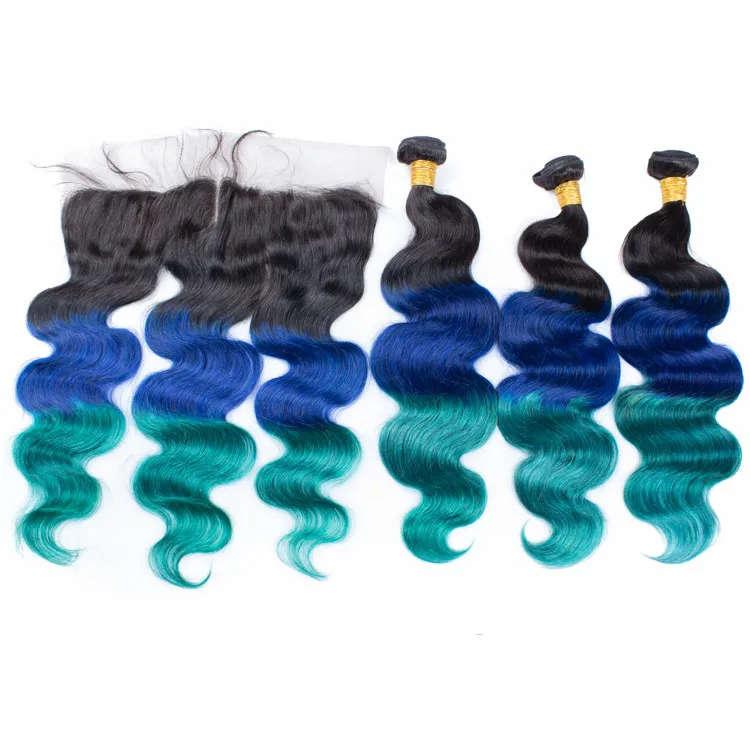 Dark Root 1B Bleu Vert Ombre 13x4 Dentelle Fermeture Frontale avec Tissages Vague de Corps Vierge Péruvienne Trois Tons Ombre Bundles de Cheveux Humains Offres