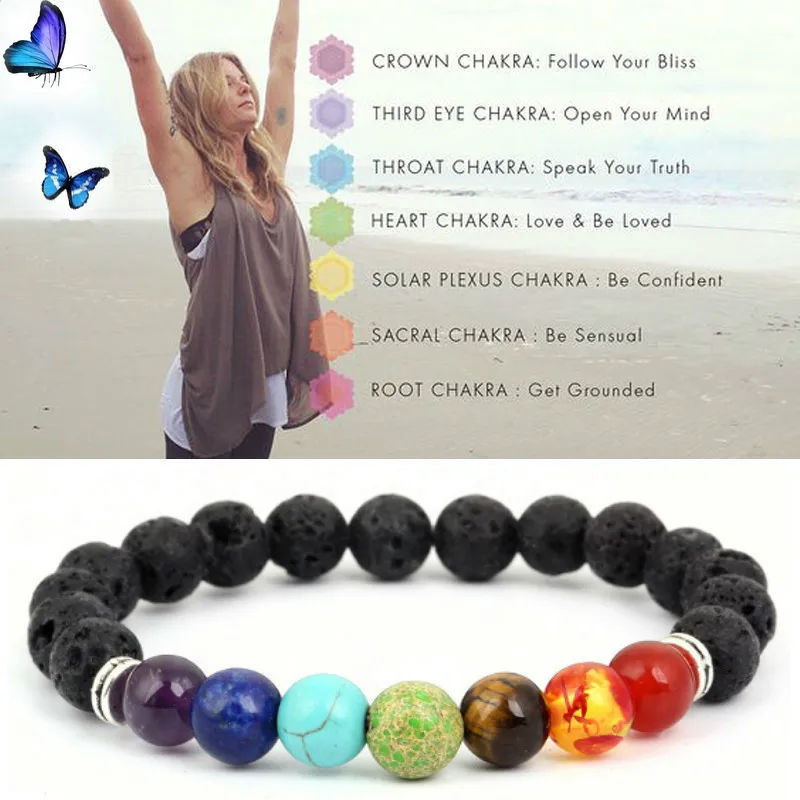 Yoga Armband Svart naturlig lava 7 Chakra Healing Balance 8 mm Pärlor Armband för män Kvinnor Bön Stenar Smycken Gga1217