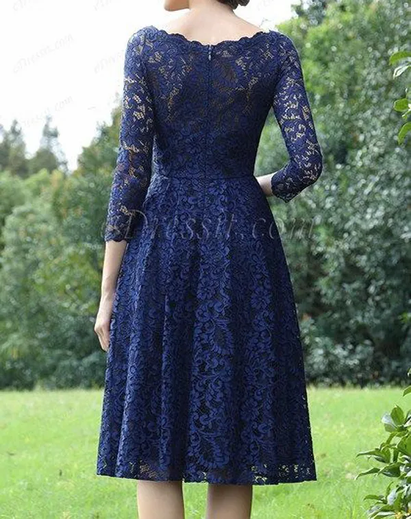 Elegant Royal Blue Lace Mother of the Bride Dresses Bateau 34 Långa ärmar Lace Party Dress Zipper Back Cheap7889027