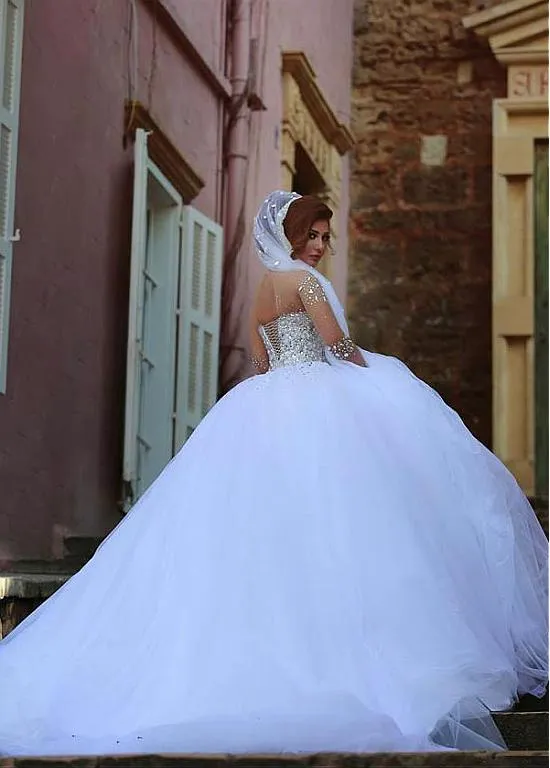 신부를위한 Mhamad 결혼식 Dresse 2019 플러스 사이즈 s 해변 A 라인 웨딩 드레스 신부 가운 긴 소매 얇은 목화 흰색 Tulle Boho