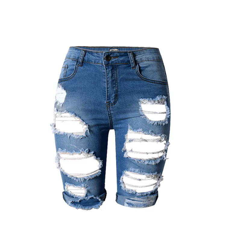 Knä längd rippade jeans för kvinnor hål plus storlek denim shorts med hög midja jeans taille haute kvinnor kvinnlig jean femme 50