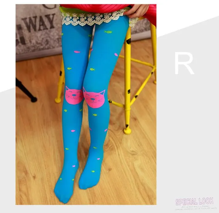 Spring Summer Girls Velvet Pantyhose Children Leggings Socks Cute Cartoon Cat Fish Pattern Candy Color Quality 