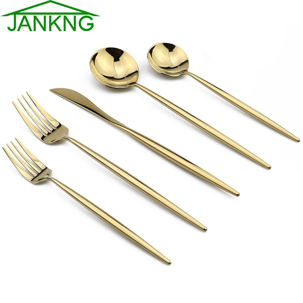 Jankng 5-stycken 304 Rostfritt stål Servering Sätta Svart Guld Rose Silver Färgglada Bestick Kniv Fork Dessert Tesked Porslin