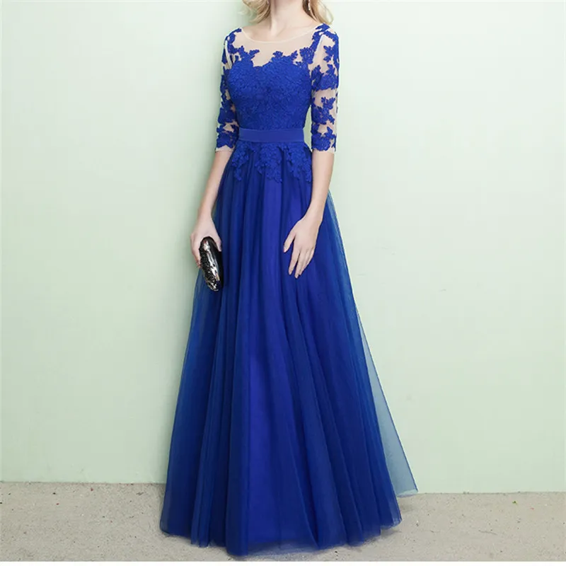 Elegant Blue Mother of the Bride Dresses Long Evening Dress Scoop Sheer with Floral Lace Half Sleeves Floor Length Prom Gowns