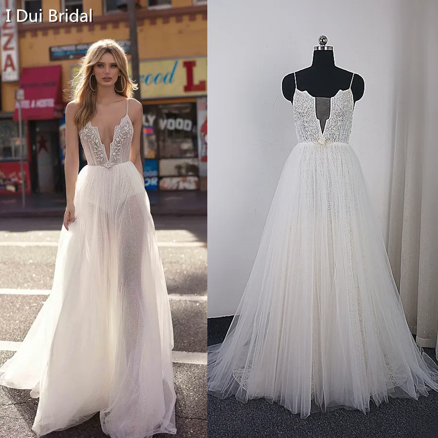 Tulle Boho Wedding Dress With Beaded Belt Spaghetti Strap Lace Layer Beach Outdoor Bridal Gown Real Photo