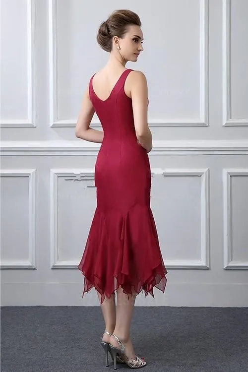 Dark Red Formal Two Pieces Mother Of The Bride Dresses V Neck Appliques Mermaid Tea Length Wedding Guest Gowns Mother Dress With Coat