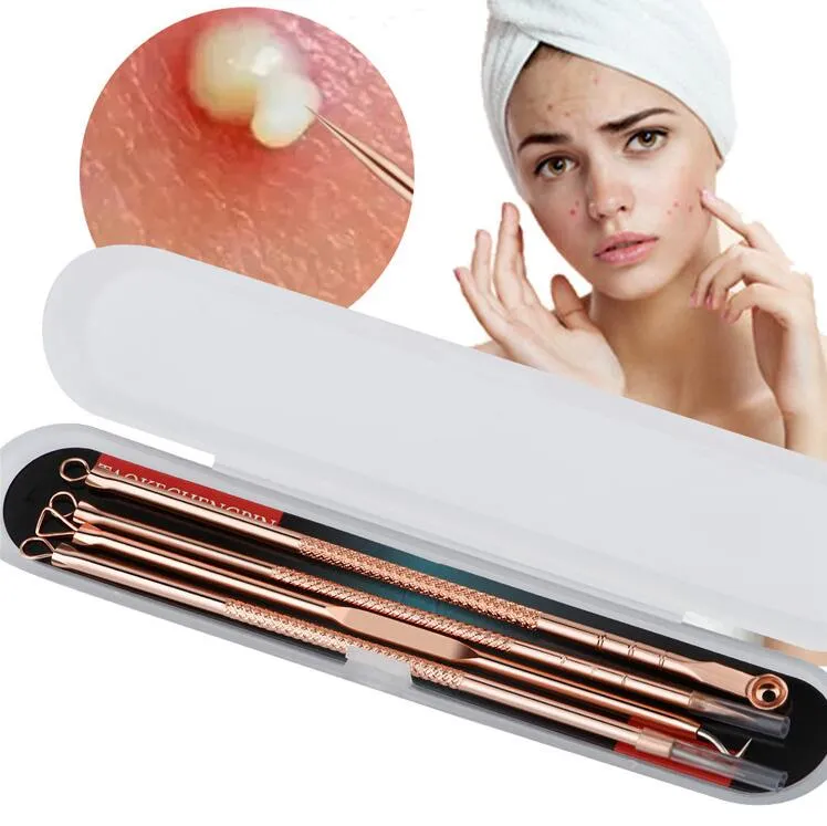 4 sztuk / zestaw Rose Gold Baskode Remover Zestaw Narzędzi Zestaw Narzędzi Pielęgnacji Skóry Facial Comedone Acne Needle Clip Pimple Tweeezer Blemish Extractor Tools