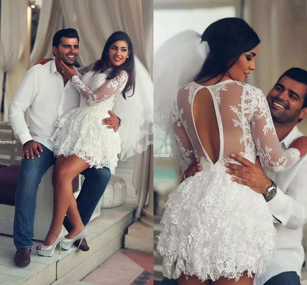 Elegant Lace Sexy Short Wedding Dresses With Sheer Back And Long Sleeves  Perfect For Saudi Arabia Weddings And Parties Size 13 From Lilliantan,  $135.7