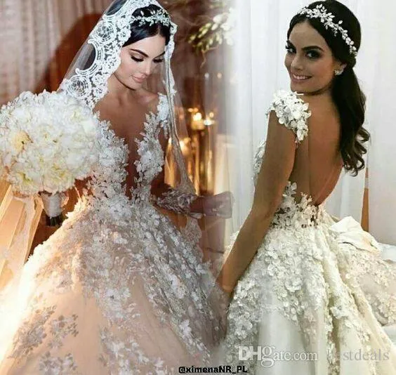 Plus Lace Arabic Dresses Sheer Neck Long Sleeves 3D Floral Applique Bridal Gowns A Line Wedding Dress Vestido De Novia