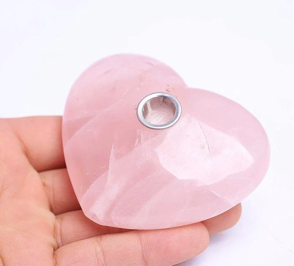 1 pçs artesanato cachimbo de coração de cristal rosa natural curativo cachimbo de coração de quartzo rosa bonito com malha de metal como presente de festa