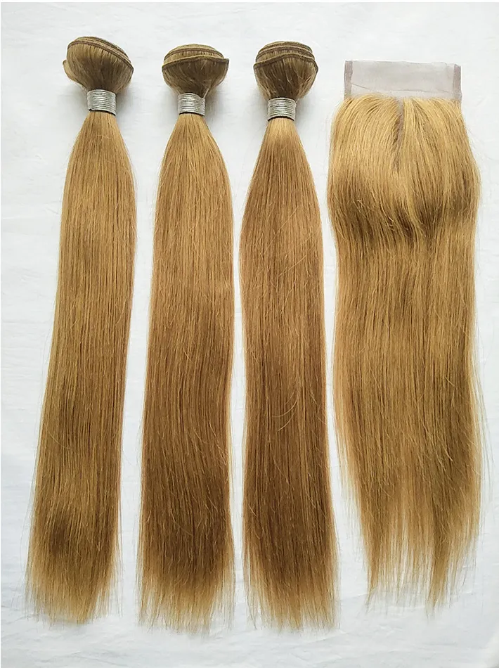 Brazilian Virgin Hair 27# Colored Blonde Human Hair 3 Bundles With Lace Closure Cheap Blonde Straight Hair Weaves With 4x4 Lace Closure