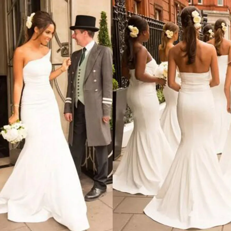 Elegant maid of honor dresses Mermaid Strapless Sleeveless White Ivory Bridesmaids Dresses Plain Design Sweep Train Wedding Party