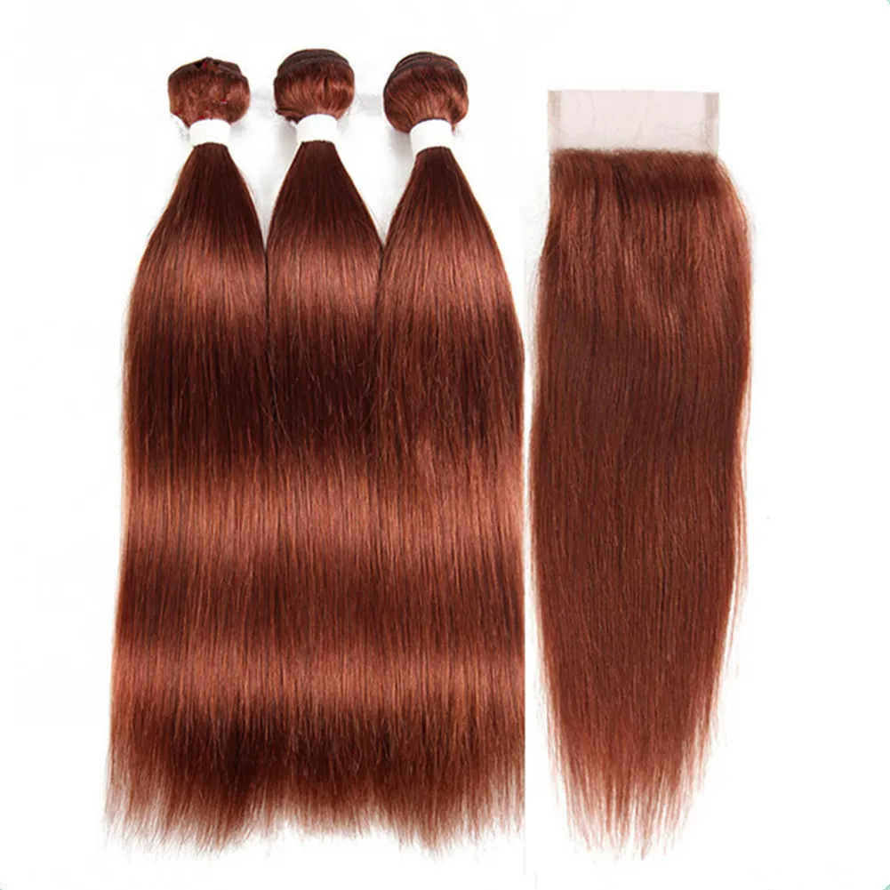 # 33 Mörk Auburn Virgin Peruvian Hair Weave buntar med spetslås 4x4 rakt koppar rött mänskligt hår 3 bunt erbjuds stängning