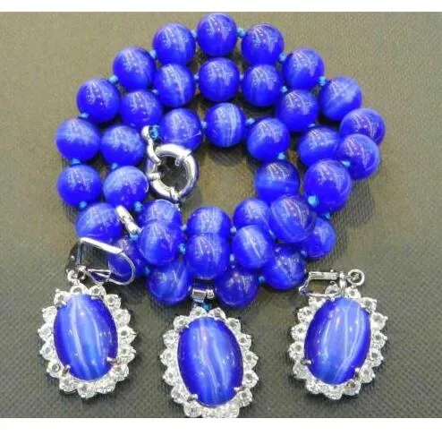 Ensemble de boucles d'oreilles et collier avec pendentif en opale mexicaine bleue saphir, perles rondes, 18 pouces
