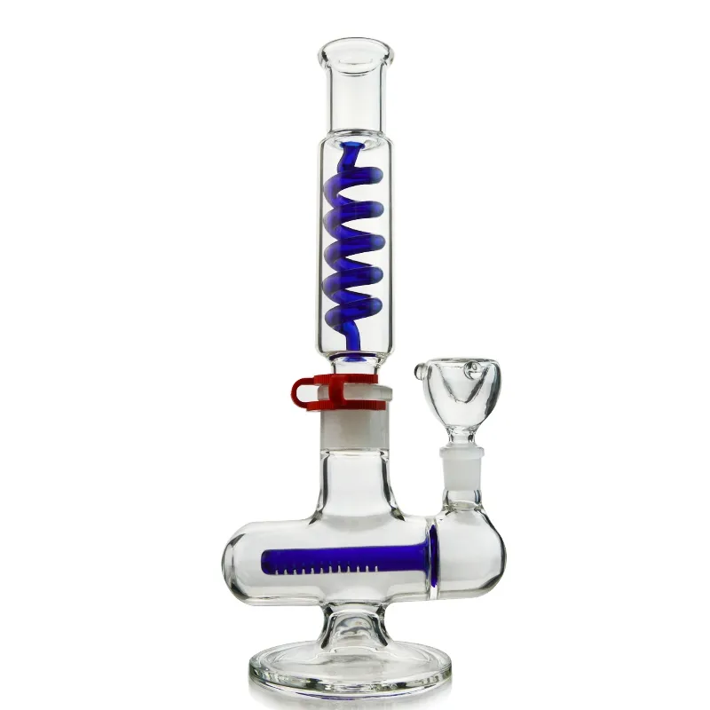 Green Blue Straight Tube Bong With Freezable Coil Inline Perc Build A Bong Glass Water Pipe Inverted T Bubbler Dab Oil Rig ILL06-07