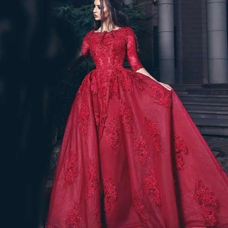 Połowa Rękaw Długi Prom Dresses Grace Jewel Neck Koraliki Koronki Aplikacja Party Dresses Elegancka Tulle Długość Długość Wieczorowa Suknia Formalna