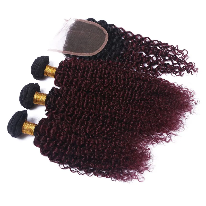 Peruvian Ombre Vin Röd Human Hår Vävar Tillägg med stängning Kinky Curly 1B / 99J Burgundy Ombre 4x4 Lace Closure med 3 bunt erbjudanden