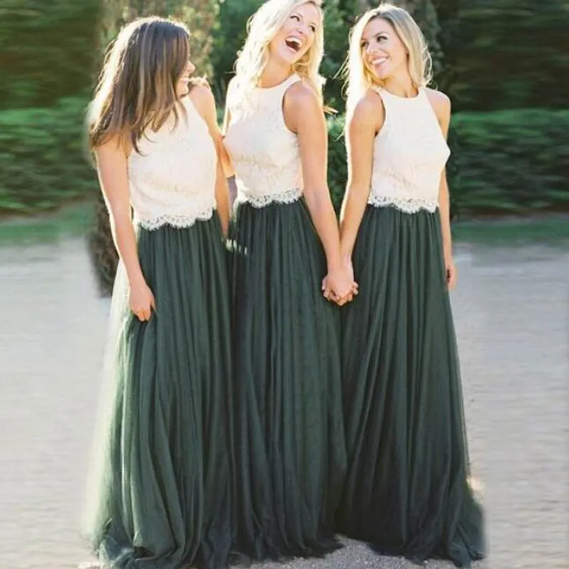 Koyu Yeşil Tül Nedime Elbise Uzun 2019 Ülke Tarzı Iki Renkler Vintage Dantel Üst Jewel Boyun Kolsuz Ucuz Nedime Elbiseler Özel