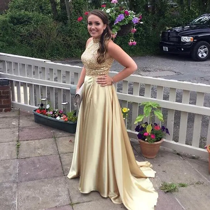 Gold Gold Prom Dress 2018 Modest Real Image Bling Bling Sequined High Neck Stunning A Line Party Gowns Custom Made From China EN21010 From Dress 1st 130.66 DHgate.Com