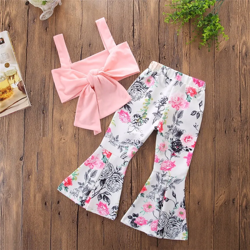 2018 Nya Babyflickor Kläder Satser Rosa Bowknut Tank Toppar Floral Flare Byxor Toddler Girls Outfits Barn Barn Boutique Kläder