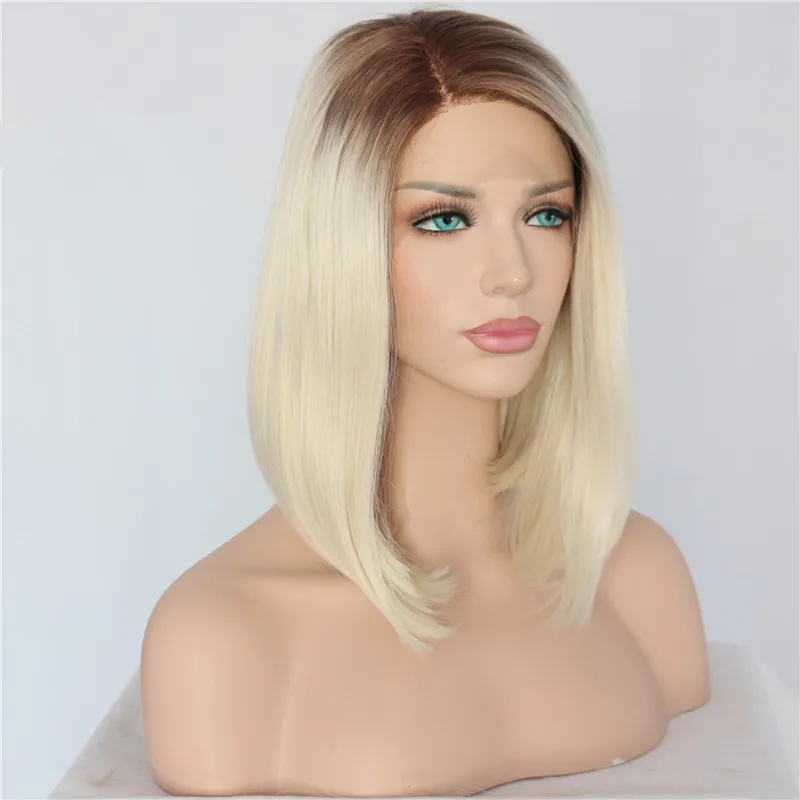 Modische Perücke mit braunen Wurzeln, Ombre-Blond, hitzebeständiges Haar, kurzer Bob, synthetische Lace-Front-Party-Perücke für Frauen