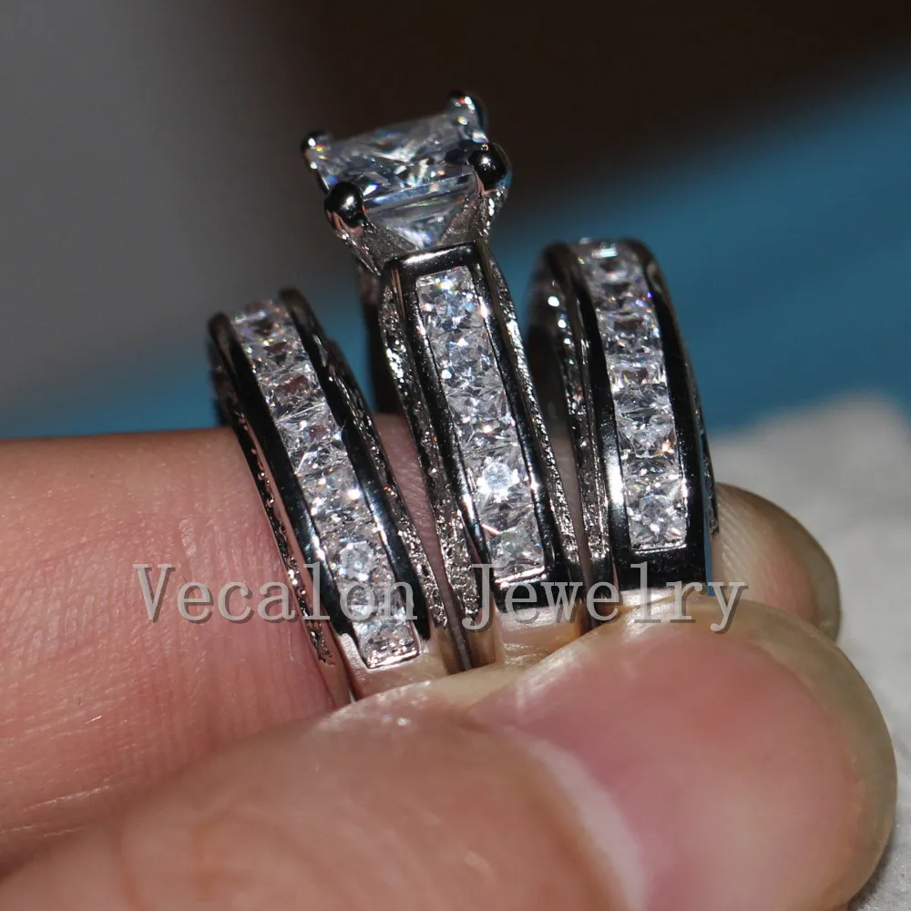 Vecalon Joias Finas Corte Princesa 20ct 5A Zircon cz Conjunto de Alianças de Casamento para Mulheres Anel de Dedo Cheio de Ouro Branco 14KT