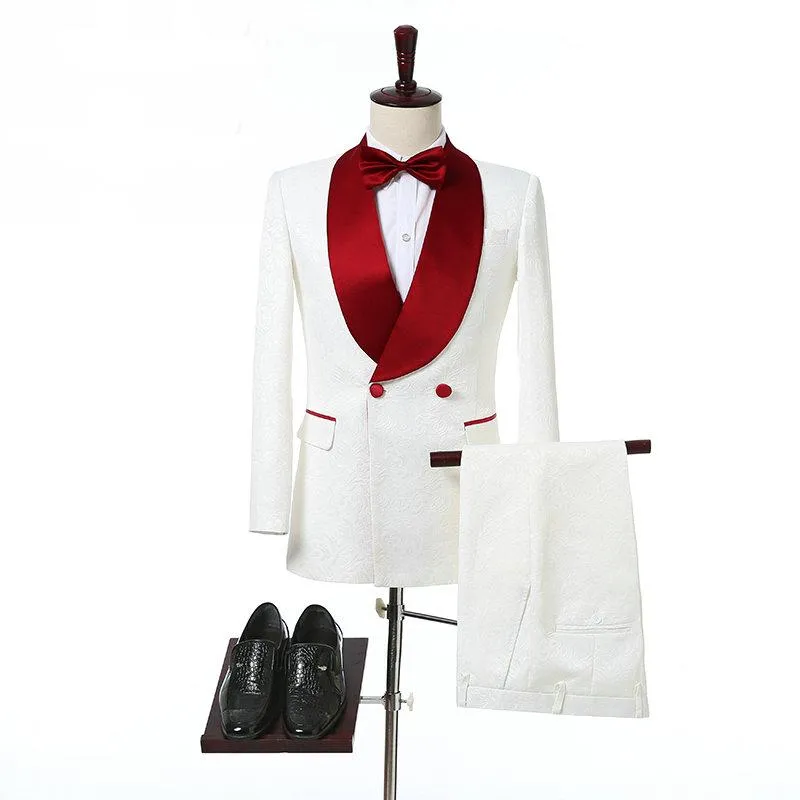 光沢のあるエンボスをかける新郎のショールラペル2つのボタン（ジャケット+パンツ+ネクタイ）新郎Tuxedos Groomsmen Man Suit Mens Wedding Suits Bridegroom
