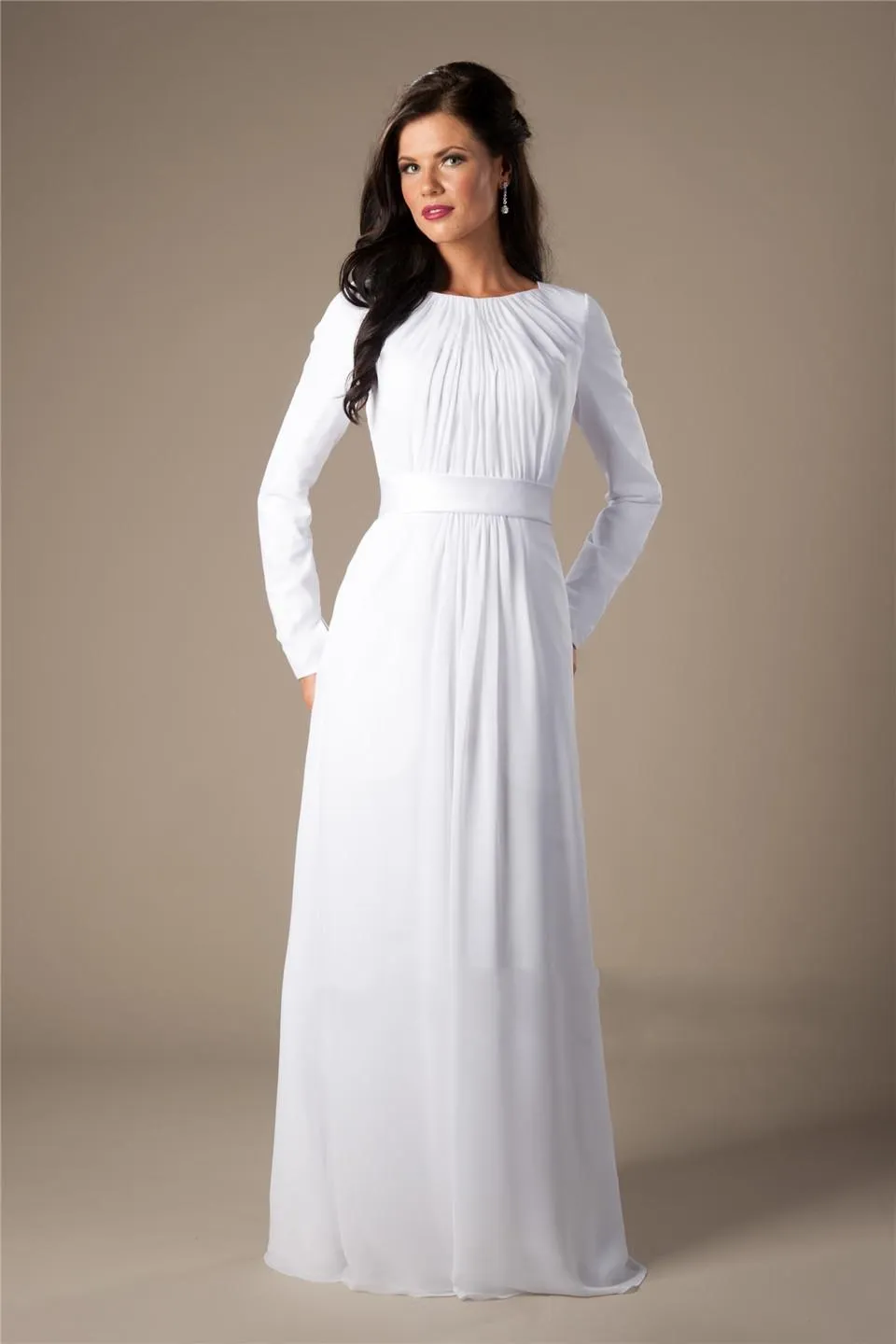 Vestido de Noiva 긴 라인과 간단한 시폰 비치 겸손 웨딩 드레스 높은 목 A 라인 길이 길이 사원 신부 가운