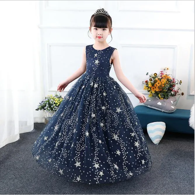Kids Dark Blue Starry Sky Dress Elegant Evening Gown for Girls