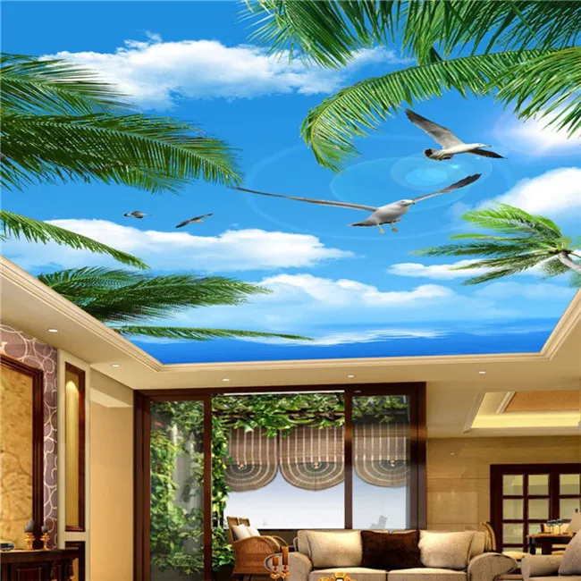 Fond d'écran PO personnalisé Blue Sky Sea Coconut Trees SeaBirds Salon suspendu Plafond Mur Mur Mural Fond d'écran 3D16638216608952