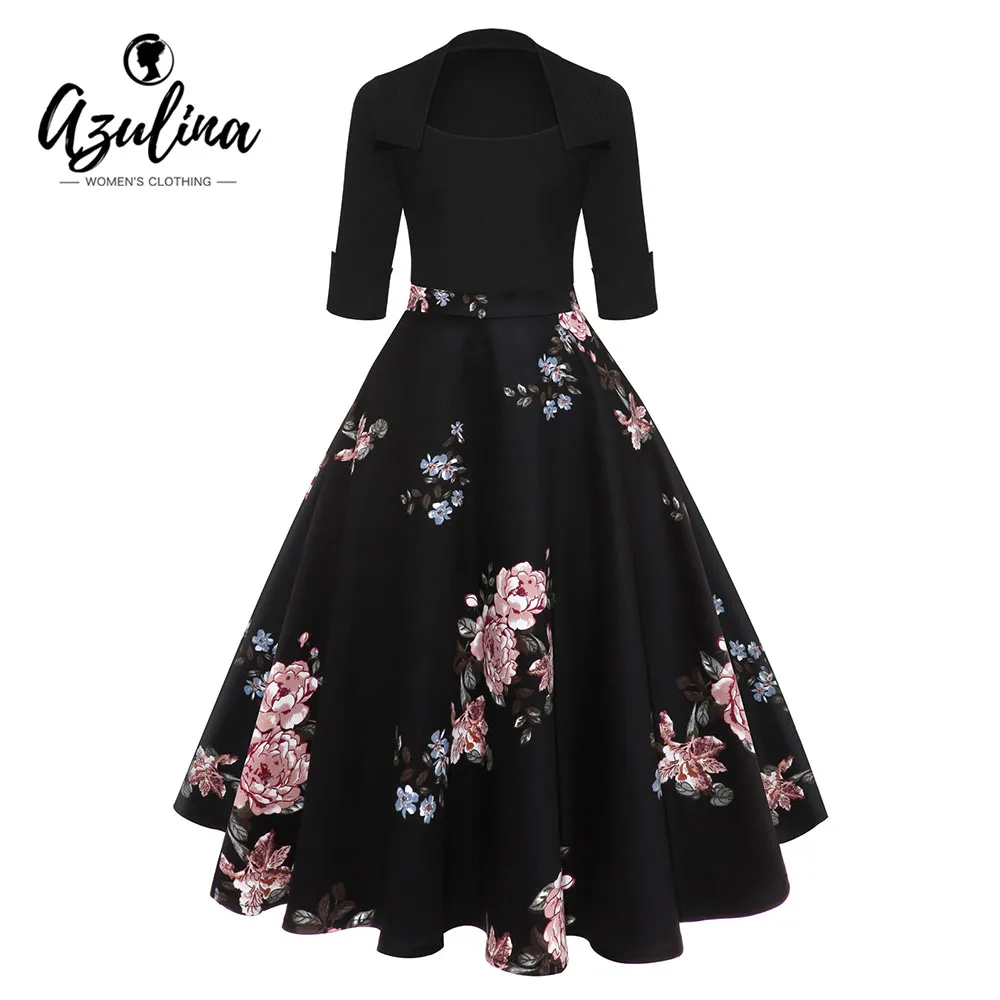 Azulina Audrey Hepburn Vintage Party платье Женщины Цветочные вспышки MIDI Платья Зима Осень ретро Элегантное платье Vestidos Holde Femme