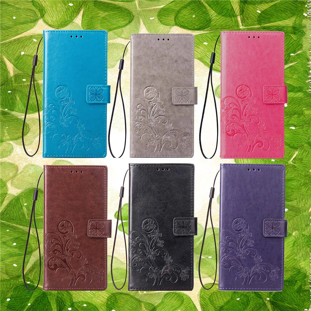TPU-Handy-Rückseite, gefaltet, PU-Leder, mit Brieftasche, Karte, gestanzt, konkav, Lucky Four Leaf Pattern Slot, Handschlaufe