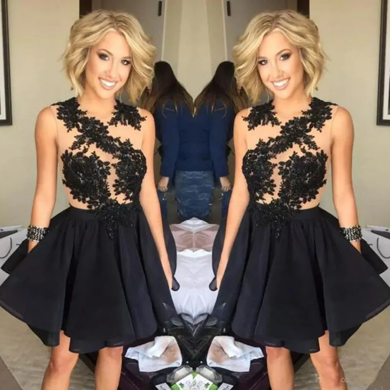 Illusion Princess Graduation Dresses Beaded Lace Applique Short Mini Homecoming Dress Little Black Cocktail Party Gowns