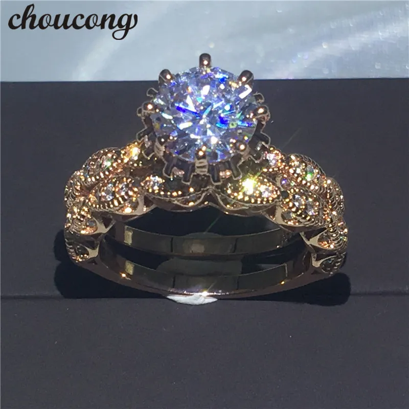 Choucong Vintage bague en or Rose rempli de fiançailles bagues de mariage ensemble pour femmes hommes rond 3ct Diamonique Cz bijoux